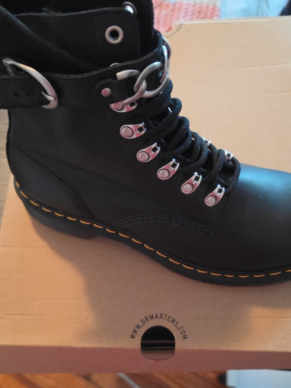 Dr. Martens Black Lace-Up Boot with Yellow Welt Stitching